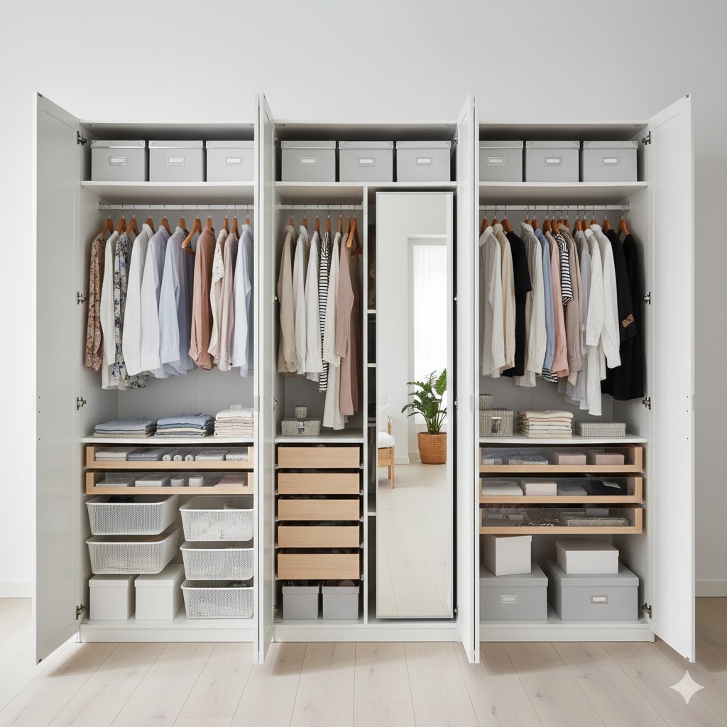 Binnenkant van een IKEA PAX kast met KOMPLEMENT lades